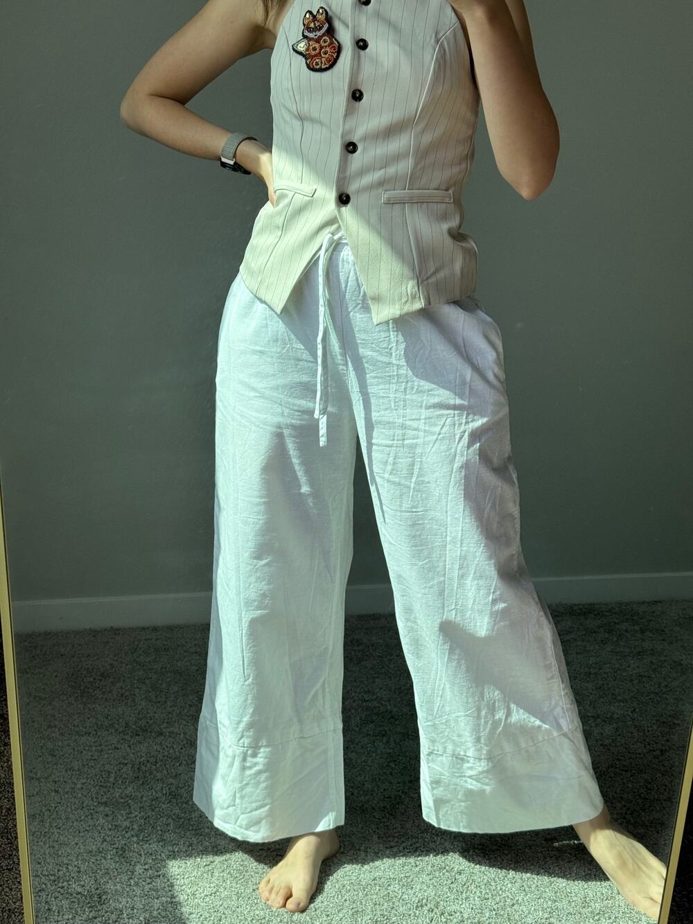 Lagenlook Stylewe Linen Cotton White Wide Leg Pants S Elastic Waist Coastal